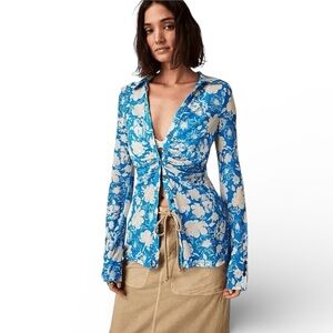 Free People Lucky Shirtee XL Blue Floral tropical fun